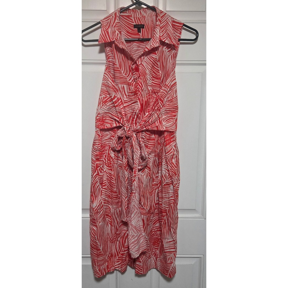 Talbots Red White Palm Leaf Print Sleeveless Tie Waist Shirt Dress Size 8